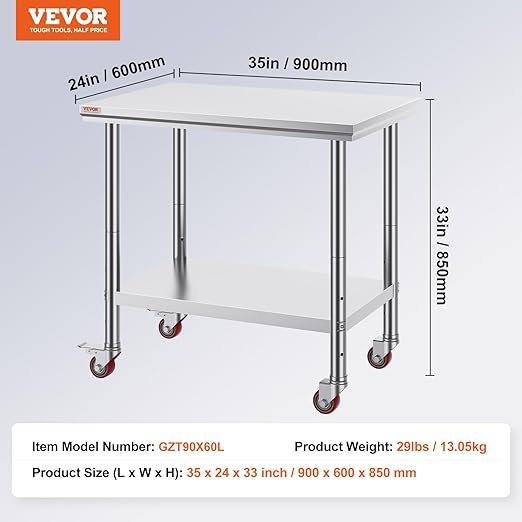 Vevor Mophorn Stainless Steel Work Table 36x24 Inch with 4 Wheels, Casters Heavy Duty Food Prep Worktable for Commercial Kitchen Restaurant, Silver