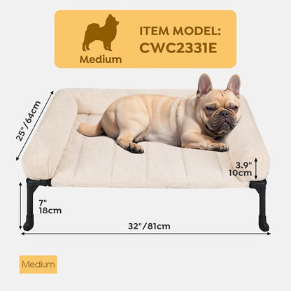 Veehoo Orthopedic Elevated Dog Bed with Fluffy Plush Bolster Cushion, Indoor Raised Dog Beds for Large Dogs, Soft Pet Sofa Cot with Removable Washable Mat, No-Slip Feet, 32 x 25 inches, Cream White