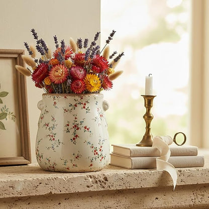 Shabby Chic Vase & Flower Pot with Drainage, 6.68" Ceramic Vases Pottery | Indoor/Outdoor Planter, Country Chic Decor, Perfect for Office Room Garden Balcony Mantel Fireplace Table & Shelf, Red Floral