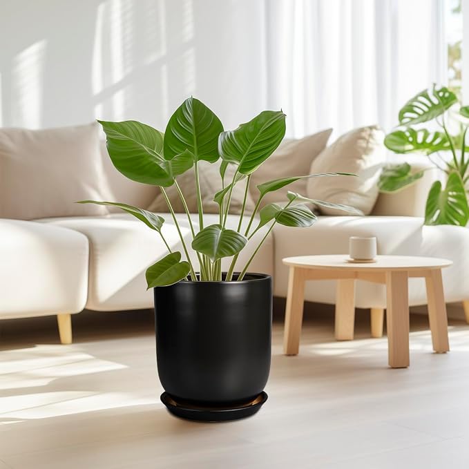 Ceramic Planter 10 Inch - Ceramic Pot for Indoor Plants Outdoor Plant Pot with Drainage Hole and Saucer Cylinder Flower Pot Black
