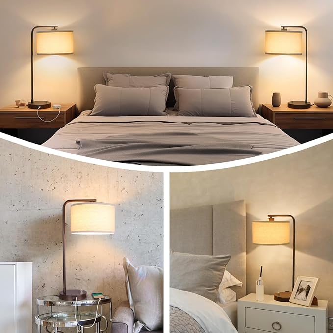 Table Lamps Set of 2, Fully Dimmable Bedside Lamp with USB C+A Charging Ports, Modern Nightstand Lamps with Linen Fabric Shades, Tall Desk Lamp for Bedroom, Living Room, Office, LED Bulb Included