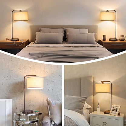 Table Lamps Set of 2, Fully Dimmable Bedside Lamp with USB C+A Charging Ports, Modern Nightstand Lamps with Linen Fabric Shades, Tall Desk Lamp for Bedroom, Living Room, Office, LED Bulb Included