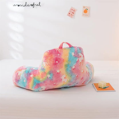 Holawakaka Glow in The Dark Unicorn Reading Pillow for Sitting up in Bed Sofa Kids Teens, Luminous Stars Backrest Pillow with Arms for Boys Girls, Back Support Cushion for Couch Floor Nursery Playroom