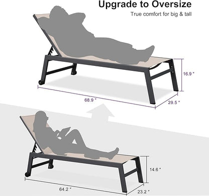 PURPLE LEAF Outdoor Chaise Lounge Set for 2 Oversized Pool Lounge Chairs with Easy-to-Move Wheels and Adjustable Backrest Extra Large Patio Loungers for Poolside Deck Beach Table Included, Sand Beige