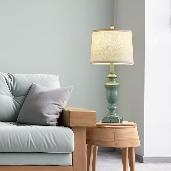 27.5" Set of 2 Farmhouse Table Lamps for Bedroom, 3 Way Dimmable Bedside Lamp with 2 USB +AC Outlet Nightstand Lamps for Living Room Resin Rustic Touch Lamps (Antique Green)