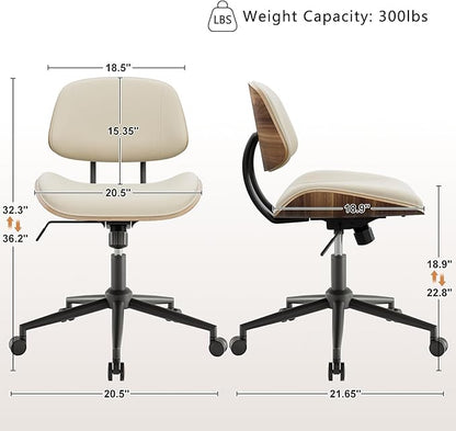 BERYTH Armless Office Chair with Wheels, PU Leather Adjustable Height Desk Chair - 360° Swivel Ergonomic Computer Chair for Small Space, Modern Walnut Style, Home & Meeting Room, Beige