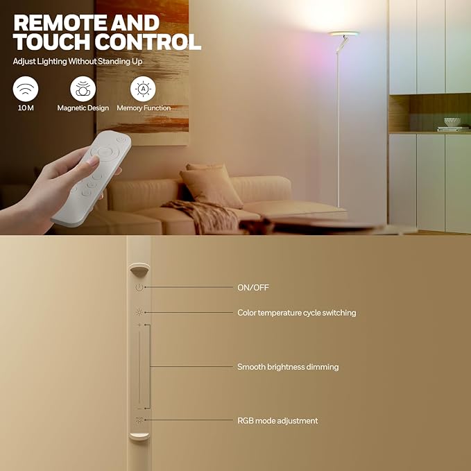 Honeywell 3000LM LED Floor Lamp, Torchiere Floor Lamps with Remote Control, F2 Sunturalux™ 40W Eye-Caring Reading Light, 2700-5000K 6 RGB Modes RGB Standing Lamp for Bedroom Living Room Office White