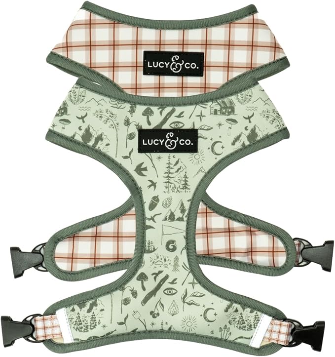 Lucy & Co. Reversible Dog Harness - Water-Repellent Neoprene, Dual-Print Design, Easy Swap Style, Adjustable Comfort Fit - Camp Out Reversible Harness - Small