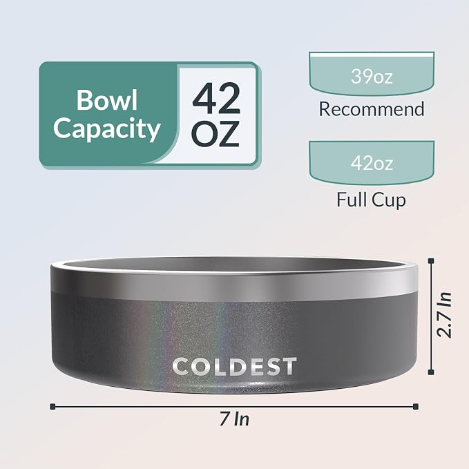 Coldest Dog Bowl - Anti Rust Metal, Non Slip, 3 Layers Insulated Stainless Steel Dog Bowls - Spill Proof & Heavy Duty - Water Bowl for Dogs, Cats & Pets, Dish Washer Safe (42 oz, Stardust Glitter)