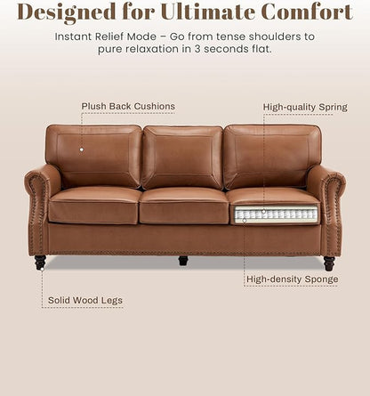 WILLOVE 79'' Faux Leather Sofa, Classic 3 Seater Leather Couch with Rolled Arm and Nailhead Trim, Mid-Century Modern Couch for Living Room, Apartment, Easy to Install, Brown