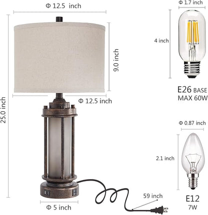 25'' Farmhouse Table Lamp with 2 USB Charging Ports, Rustic Vintage Nightstand Lamp with Frosted Glass Nightlight, Retro Desk Lamp for Living Room Bedroom End Table Entryway, 2 Bulbs Included