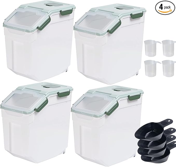 Large Flour Storage Container Bin 25lb, 4 Pack Airtight Rice Storage Containers with Wheels Seal Locking Lid, BPA Free, with Measuring Cup |Scoop, for Flour, Rice, Grain, Dry Food - Green