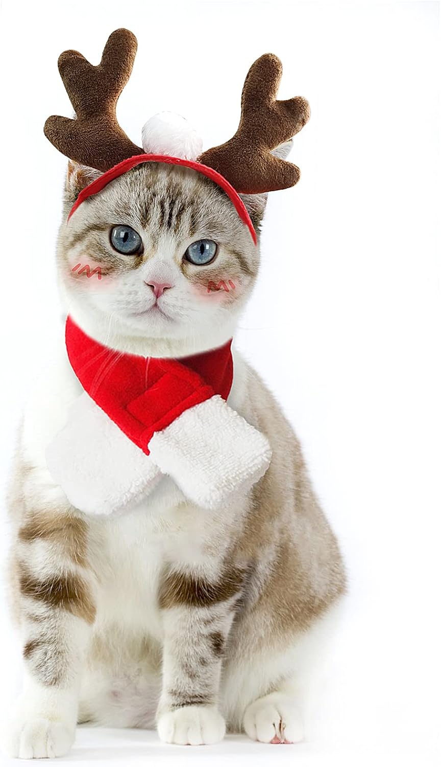 Enjoying Pet Christmas Costumes for Cats Small Dogs, Cat Reindeer Antlers Headband with Xmas Scarf, Adjustable Doggie Reindeer Hat Santa Scarf, Kitten Christmas Outfit Cosplay