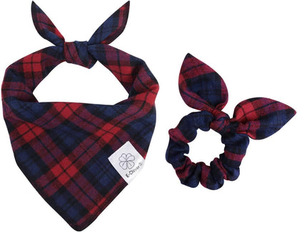 E-Clover Dog Bandanas & Matching Scrunchie Set Plaid Dog Scarf Bibs for Medium Large Dogs Girl Boy Pet Owner Gift Red Blue