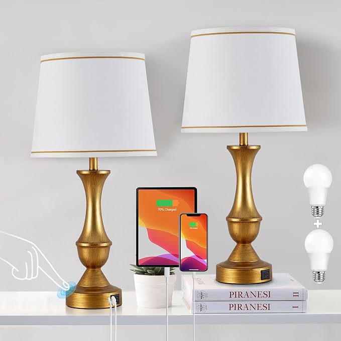 Luvkczc Gold Touch Table Lamps Set of 2, 22" Bedside Lamps with USB C+A Ports,Dimmable Nightstand Lamps with White Lampshade,Table Lamps for Bedroom Living Room Bedroom Office, Bulbs Included