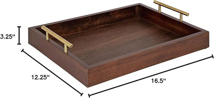 Kate and Laurel Lipton Decorative Wooden Tray with Metal Gold Handles, 16.5" x 12.25", Dark Walnut Brown and Gold