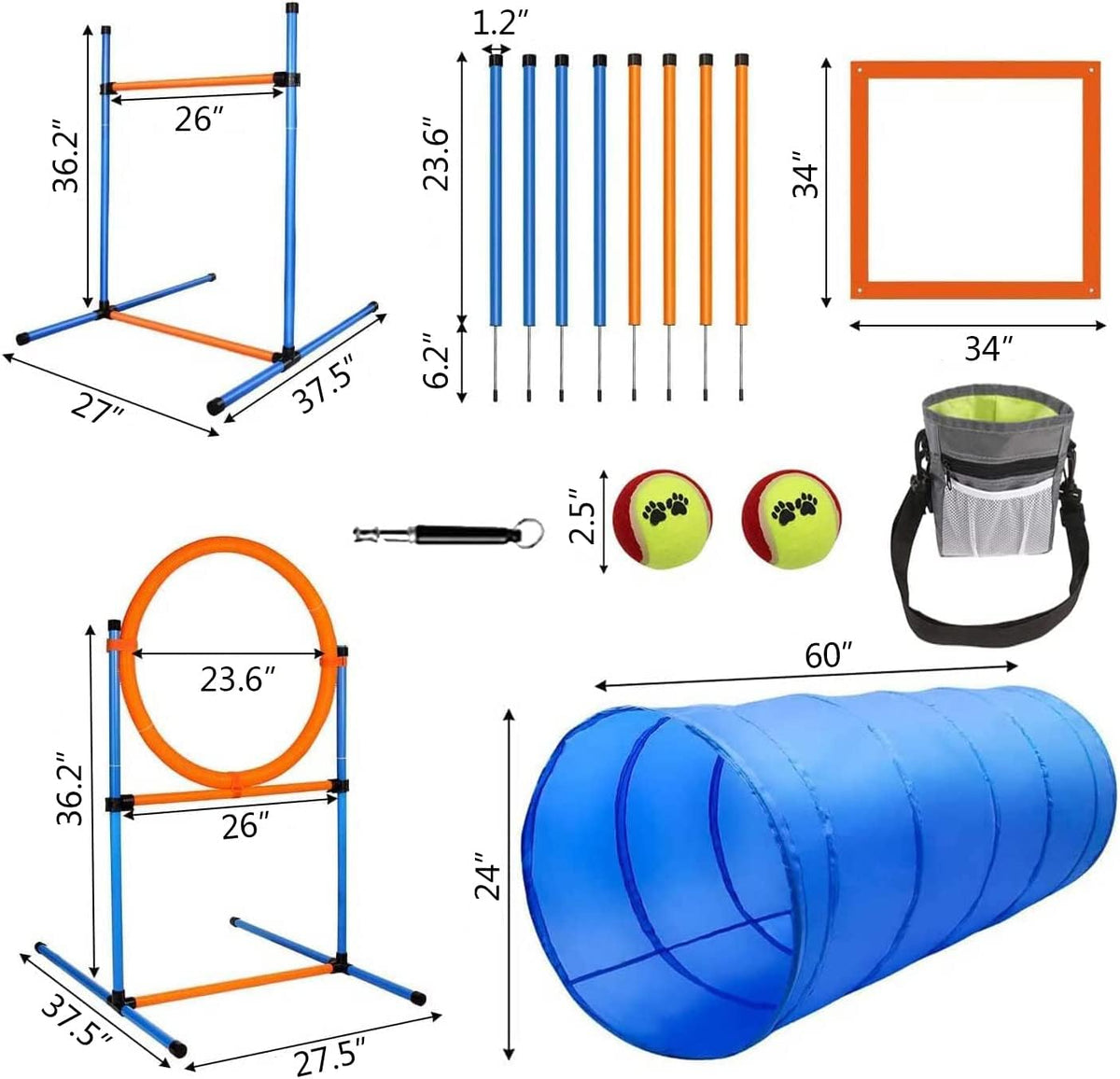 Dog Agility Training Equipment, 60-Piece Dog Obstacle Course Training Starter Kit Pet Outdoor Game with Tunnel, Agility Hurdle, Weave Poles, Jump Ring, Pause Box, Toy Balls and Storage Bag