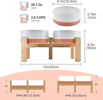 SPUNKYJUNKY Elevated Dog Bowls Ceramic, 6.1'' Dogs and Cat Food Water Bowls Raised with Non-Slip Bamboo Stand for Medium Sized Breed Microwave Dishwasher Safe - 28.7 OZ,Pattern White