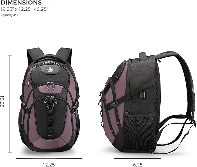 Swissdigital Design Laptop Backpack with USB Charging Port, Travel Backpack Fits 15.6 inches Computer, 31L College School Backpack for Women, Light Purple/Black | SD803-85