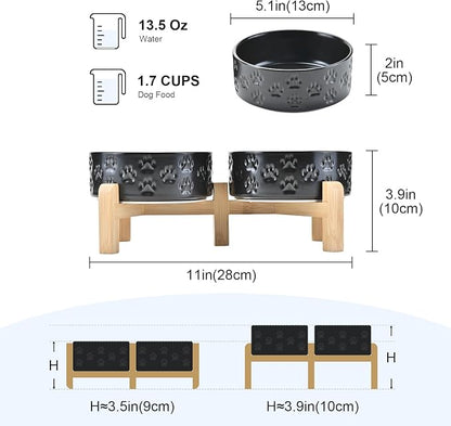 SPUNKYJUNKY Elevated Dog Bowls Ceramic, 5.1'' Dogs and Cat Food Water Bowls Raised with Non-Slip Bamboo Stand for Puppy Small Sized Breed Microwave Dishwasher Safe - 13.5 OZ,Paw Black