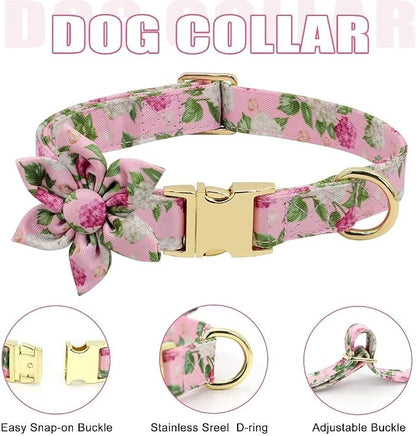 Beirui Cute Dog Collars,Harnesses,Leashes Set, Floral Pattern, Pink,M | Girl Dog Harness Set with Flower, Adjustable and Soft Mesh Lining, For Medium Dogs Daily Walks