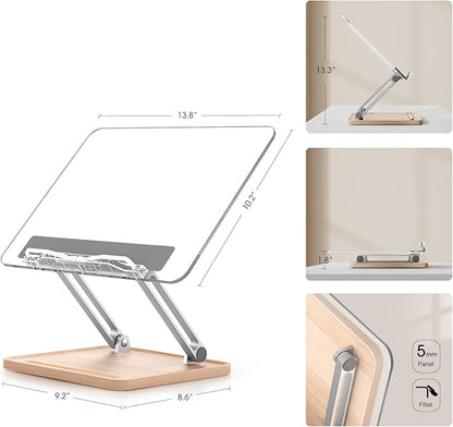 Adjustable Acrylic Book Stand for Reading, Book Holder with Pen Slot, Foldable Desktop Riser for Laptop, Recipe, Textbook - Hands-Free,Cookbook Stand, Clear Design with Page Clips