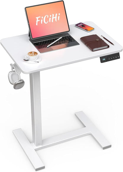 FiCiHi Small Electric Standing Desk - Adjustable Height Bedside Laptop Table with Wheels, Mobile, Portable Rolling Computer Workstation Sit Stand Table for Home Office, Sofa, Couch Use (28x16, White)