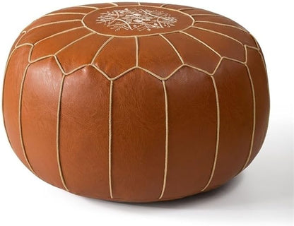 Vintage Leather Pouf Ottoman Round Meditation Cushion Floor Pouf Footrest Retro Fashion Style Floor Cushion for Living Room Solid Construction(Orange)