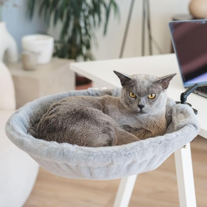 Cat Desk Bed - Stable and Sturdy, Rotating Cat Hammock, Desk Perch with 2 Washable Covers, Non-Slip Clamp - Safe, Space-Saving Cat's Furniture for Remote Workers, Gamers, Holds Up to 40lbs