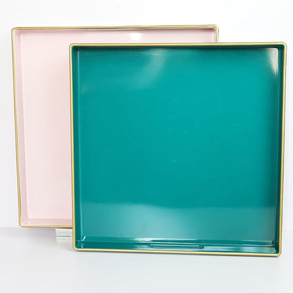 Spsyrine Green Decorative Serving Tray with Handles, 13" X 13" Square Plastic Coffee Table Tray for Ottoman, Living Room, Bathroom, Home Decor.