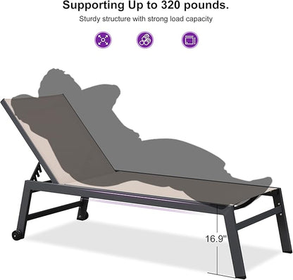 PURPLE LEAF Outdoor Chaise Lounge Set for 2 Oversized Pool Lounge Chairs with Easy-to-Move Wheels and Adjustable Backrest Extra Large Patio Loungers for Poolside Deck Beach Table Included, Sand Beige