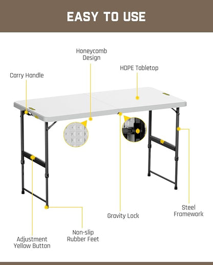 FanttikOutdoor 4ft Portable Folding Table, One-Handed Height Adjustment, 4 Heights, Gravity Lock, Carry Handle, Indoor Outdoor Heavy Duty Fold-in-Half Utility Table, Party, 2-Pack, White Zeta X4 Pro