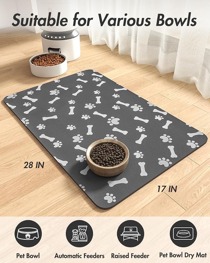 MontVoo Dog Food Mat-Pet Feeding Mat for Food and Water-No Stains Quick Dry Dispenser Cat Bowl Mat for Messy Drinkers(17"x28", Dark Grey)