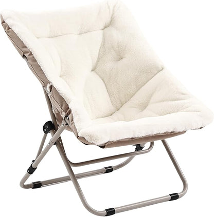 Givjoy Living Room Chair, Soft Faux Fur Folded Chair Oversized Folding Accent Chairs, Furry Lounge Lazy Chairs, Metal Frame Moon Chair for Bedroom, Living Room