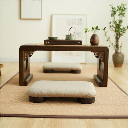 Japanese Tatami Low Stool, Solid-Wood Floor Chair with Cushioned Linen, Bedside Bench or Low Table Seating, Footrest for Meditation(50 * 40 * 7cm)