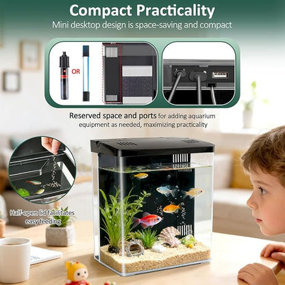 Small Fish Tank 1.2 Gallon Self Cleaning Betta Aquarium Starter Kit with Auto-Cycling Quiet Pump (Filteration & Oxygenation & Circulation) 5-Color LED Desktop Room Aquarium