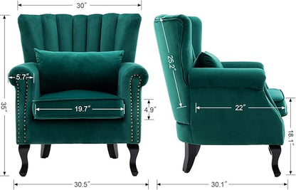 DM Furniture Velvet Accent Chairs Set of 2 with Arm Comfy Living Room Chair Mid-Century Modern Wingback Side Chair Single Sofa Couch for Bedroom Guest Room, Green