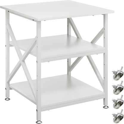 Ollieroo 3 Tier Printer Stand, Large Table with Wheels, Rolling Cart with Height Adjustable Middle Storage Shelf, 23.6 x 23.6 x 30.3 Inches Shelf for Home Office, White