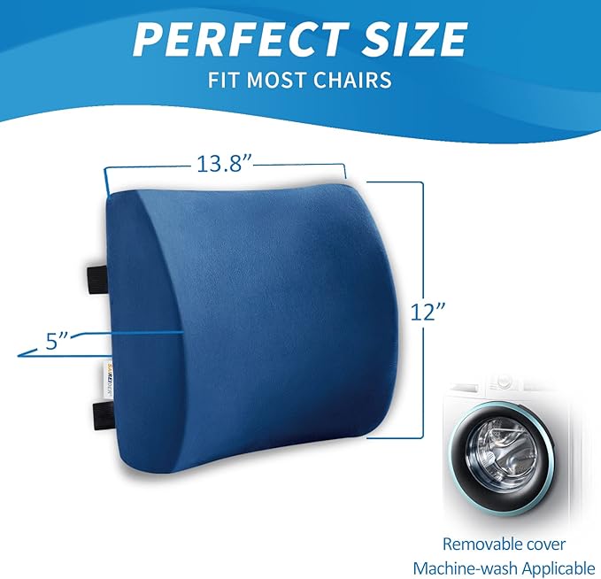 SAIREIDER Office Chair Lumbar Pillow, Memory Foam Back Support Pillows for Car、Gaming Chair、 Home Chair, Fatigue Relief Correct Posture, Double Adjustable Straps(Navy Blue)