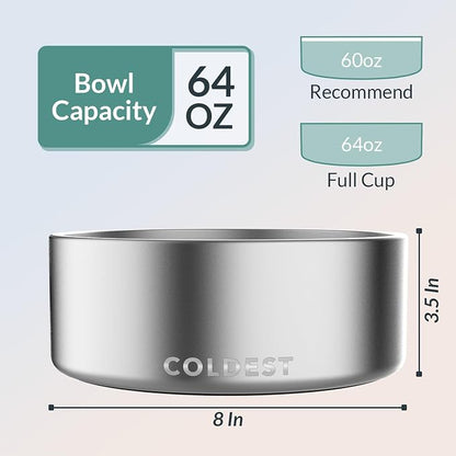 Coldest Dog Bowl - Anti Rust Metal, Non Slip, 3 Layers Insulated Stainless Steel Dog Bowls - Spill Proof & Heavy Duty - Water Bowl for Dogs, Cats, Dish Washer Safe (64 oz, Polished Stainless Steel)