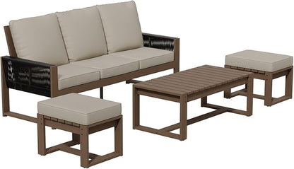INTER HUT Rustic Hideaway Natural Cedar Wood Outdoor Furniture Set, Wicker Patio Conversation Set for Porch Garden Backyard, Couch, Coffee Table and 2 Ottomans, 4 Piece, Brownish/Beige