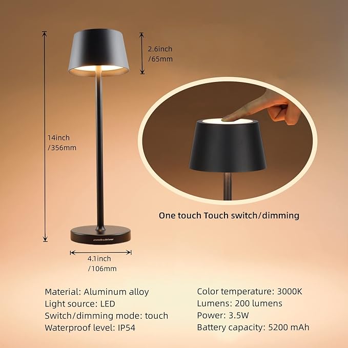 Rechargeable LED Desk Lamp Cordless,with IP54 Waterproof Function and Touch Dimming Table Lamps,Suitable for Indoor and Patio Lighting Black