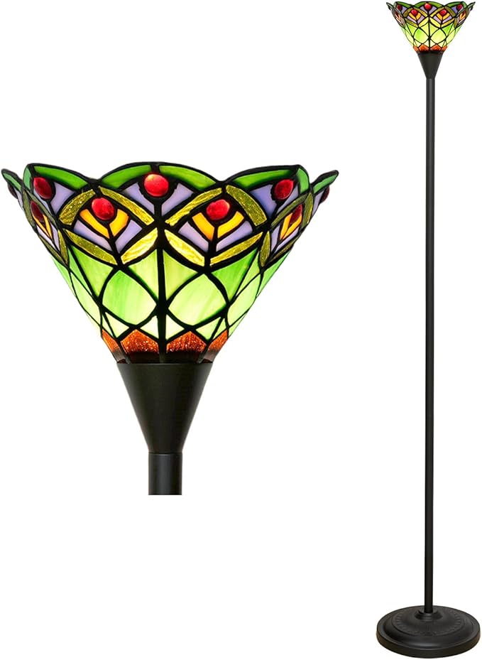 Tiffany Torchiere Floor Lamp Green Peacock Tail Style Stained Glass Floor Light Antique Tall Standing Lamp Handcrafted Pole Reading Uplight Lamp for Home Office Living Room