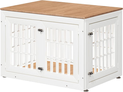 42" Heavy Duty Dog Crate Furniture for Small,Medium and Large Dogs,Rustic Wooden Dog Cage Kennel Indoor Furniture with Waterproof Top,Decorative Pet House Side End Table (White & Wood)