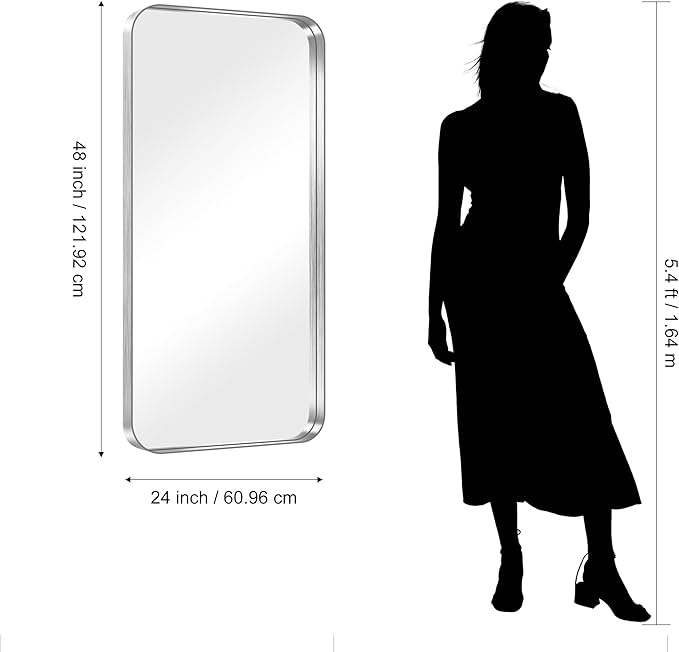 CIRCUMI Silver Bathroom Mirror, Rounded Corner, Tempered Glass, Large Mirror