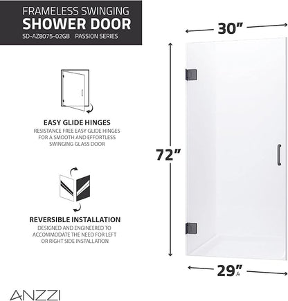 ANZZI 72" x 30" Frameless Shower Door in Gun Metal Black, Passion Water