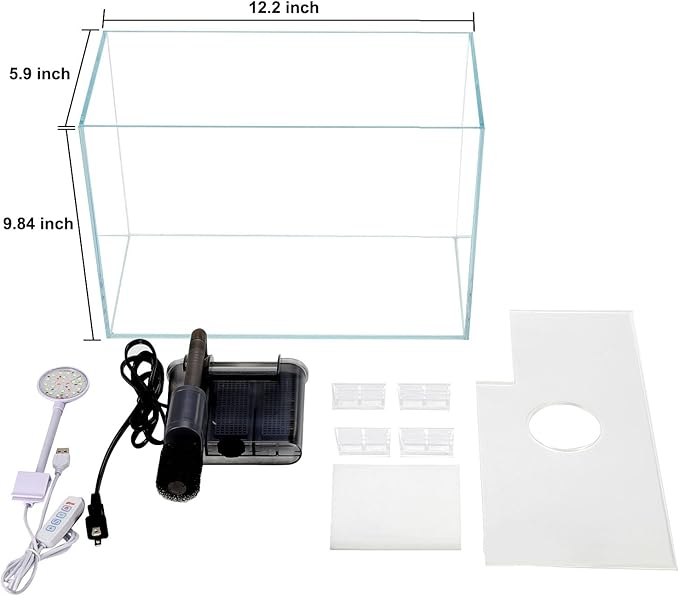 3 Gallon Glass Small Fish Tank, Betta Fish Tank Starter Kit with Filter, Lights,Lid.