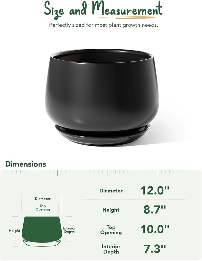 LE TAUCI Ceramic Planters, 12 Inch Pots for Plants, Indoor Plant Pots with Drainage Holes and Saucers, Modern Planters Fit Mid Century Plant Stand, Flower Pots for Indoor Plants, Black