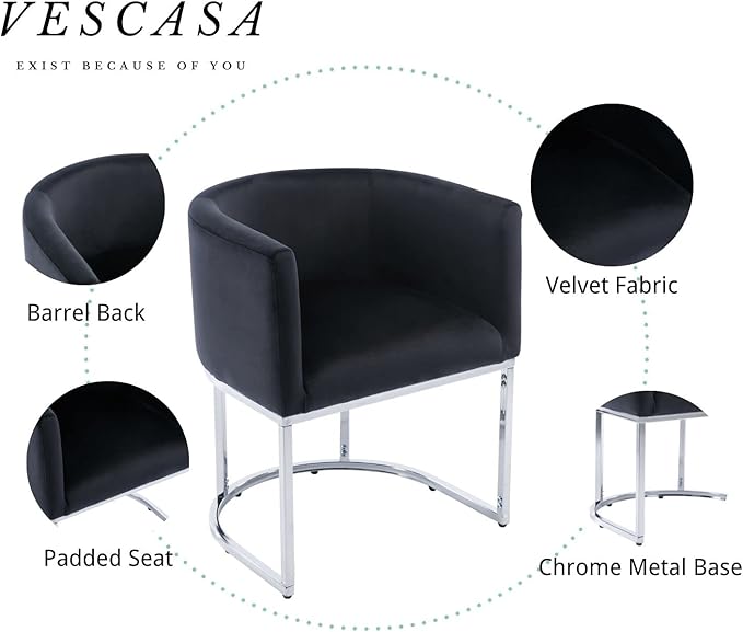 VESCASA Velvet Upholstered Dining Chairs with Barrel Back, Mid Century Modern Padded Restaurant Chairs with Chrome Metal Frame for Kitchen, Dining Room, Set of 3, Black