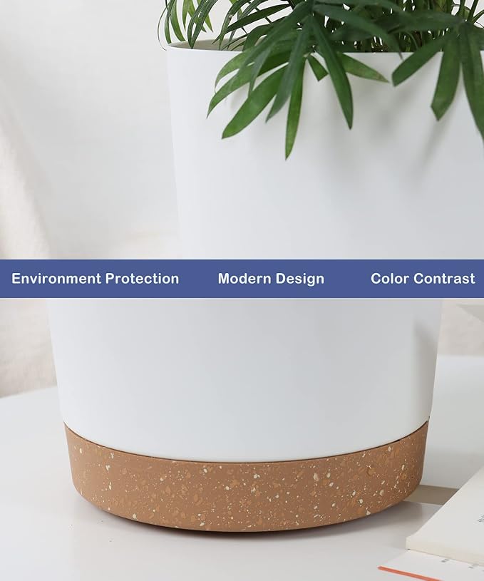 kubvici Indoor Plant Pots Planters 8 inch Plastic Planter with Hole & Saucer Flower Pots Modern Decorative for Outdoor Garden Home (White x 3 Pack)